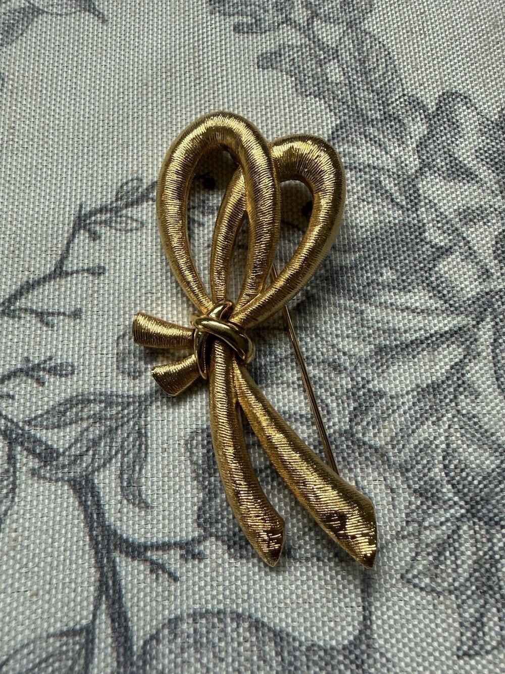 Vintage 70s Monet Brooch Ribbon Bow Brushed Gold Tone Metal Pin Signed 2.75”